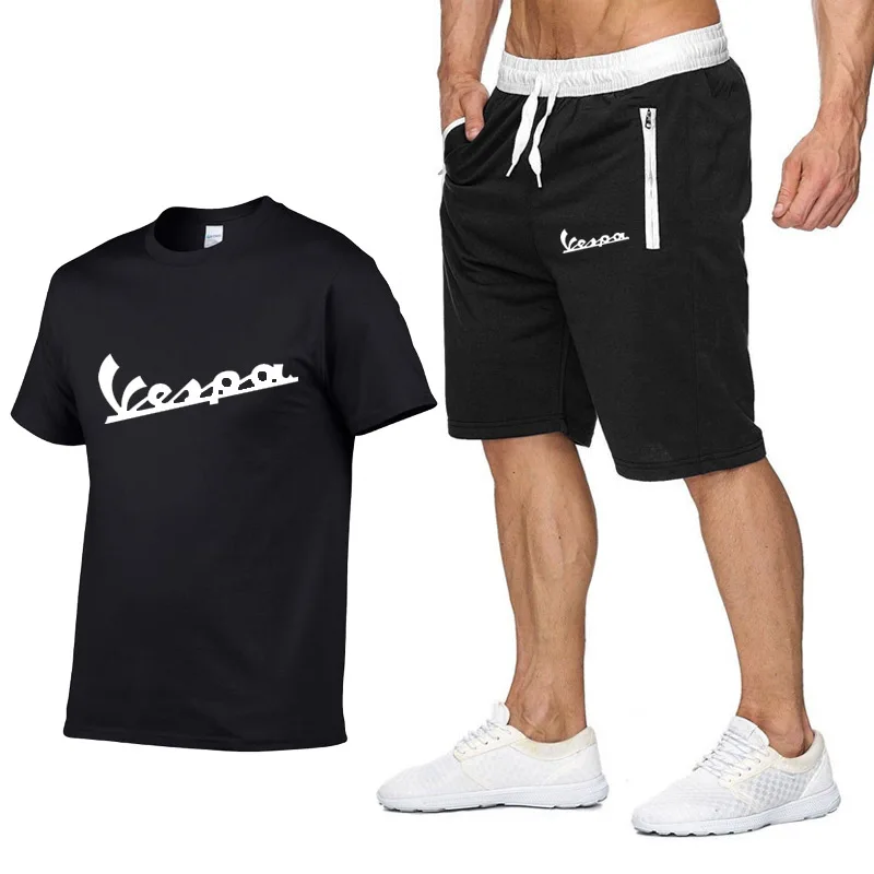 Summer Brand t shirt Men Vespa Fashion cotton short sleeve Sporting Suit T-shirt +shorts Mens 2 Pieces Sets casual clothing XXL | Мужская
