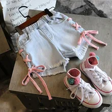 Детская одежда; коллекция года; летняя одежда; Новые товары; рубашка для девочек в западном стиле; милые джинсовые шорты контрастного цвета с поперечными ремешками