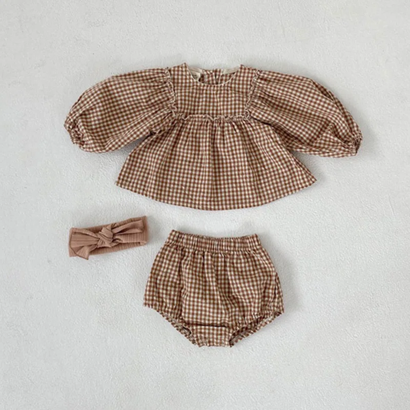 Baby Girls Suit 2022 Baby Girls Clothes Little Plaid Infant Girls Clothes Set Puff Sleeve Blouse + Bloomer 2pcs Toddler Clothes baby clothes mini set