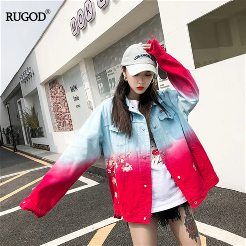 RUGOD 2019New Женская Цветочная буквы печатный рисунок джинсовая куртка синяя и красная постепенная красочная Женская куртка Осенняя модная уличная куртка