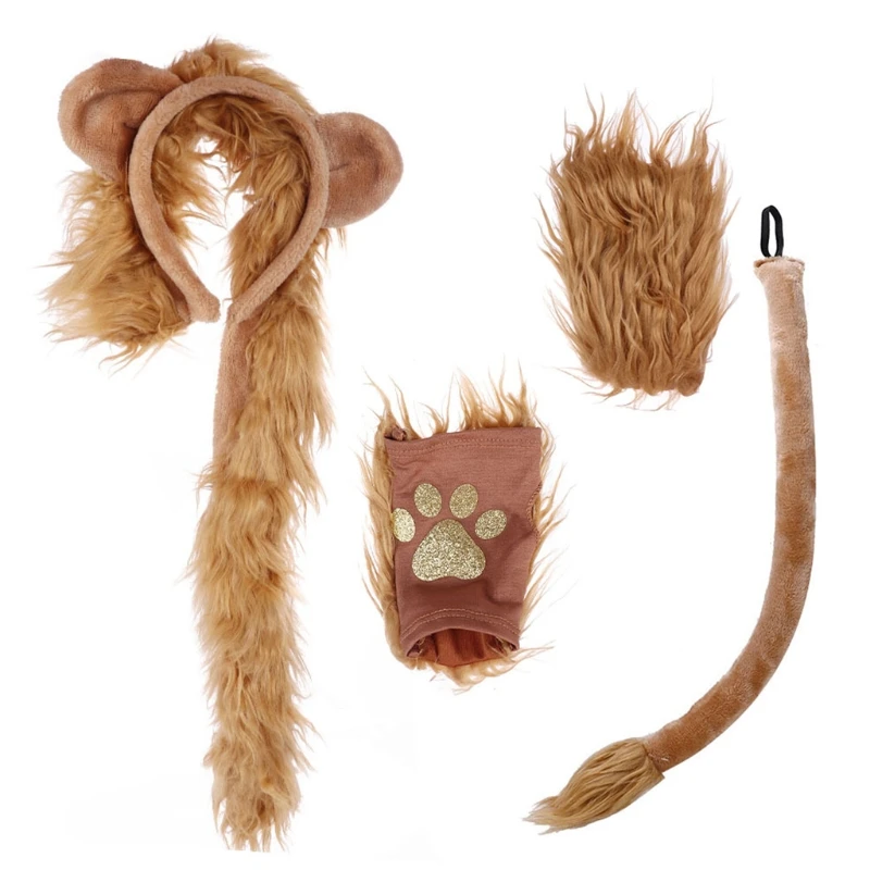 Halloween Costume Lion Plush Ears Headband Tail and Paws Kit Lion Fingerless Costume for Adults Kids Halloween Decor vampire costume women