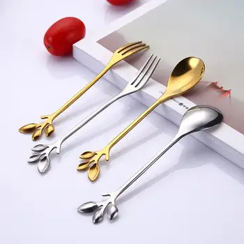 

2 Colors Creative Beautiful Stainless Steel Leaves Spoon Fork Coffee Tea Spoons Ice Cream Tableware Kitchen Gadgets Home Decor