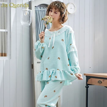 

Blue Banana Printing Kawaii Pajamas Flannel Winter Pjs Lantern Sleeves Women's Victorian Lace Embellished Pajamas Set Women Suit