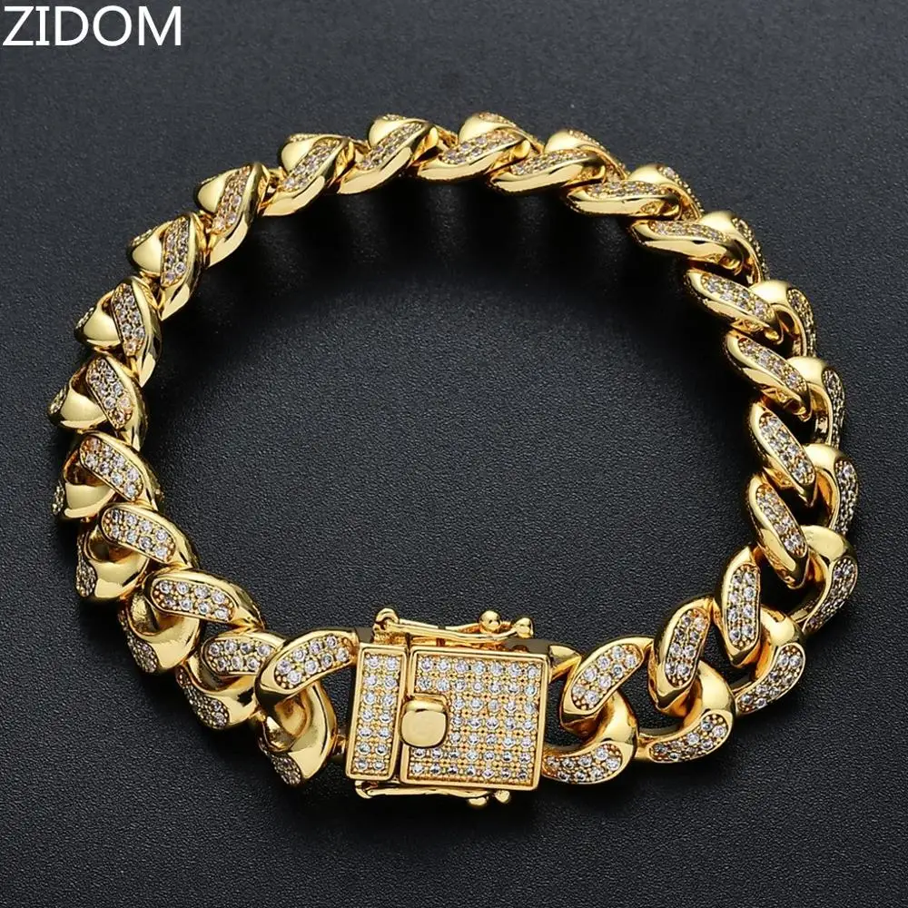 Для мужчин хип-хоп Iced out Bling браслет Высокое качество AAA циркон 12 мм кубинские цепи браслеты Хип-хоп ювелирные изделия Прямая