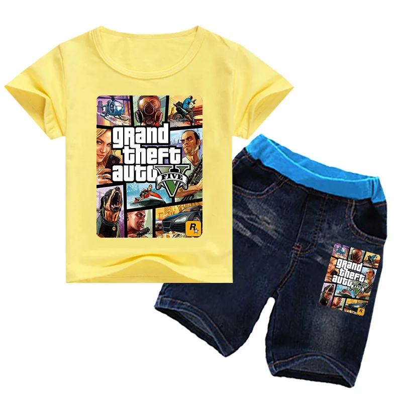 2021 Hot Gta Street Game Ragazze T Shirt Pantaloncini Di Jeans 2 Pezzi Set Bambini Grand Theft Auto Gta 5 Vestiti Ragazzi Abbigliamento Sportivo Estiv