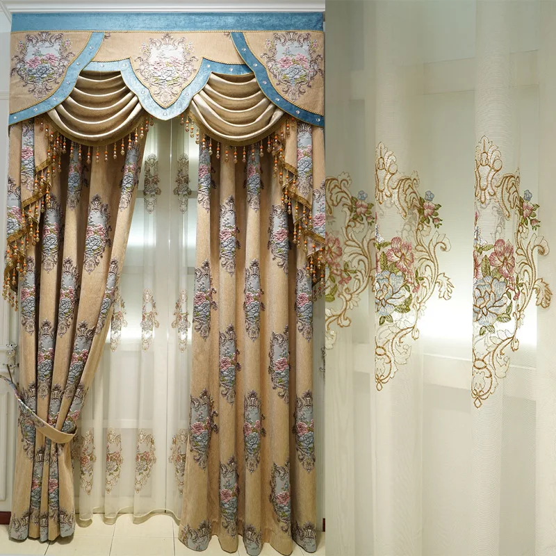 

Custom curtains High-grade thick chenille European embossed fabric coffee cloth blackout curtain valance tulle drapes B500