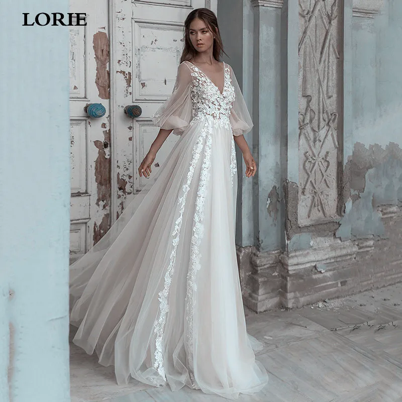 

LORIE Princess Wedding Dresses Puff Sleeve 3D Lace Flowers Beach Bridal Gowns Soft Tulle V Back Boho Wedding Party Gowns