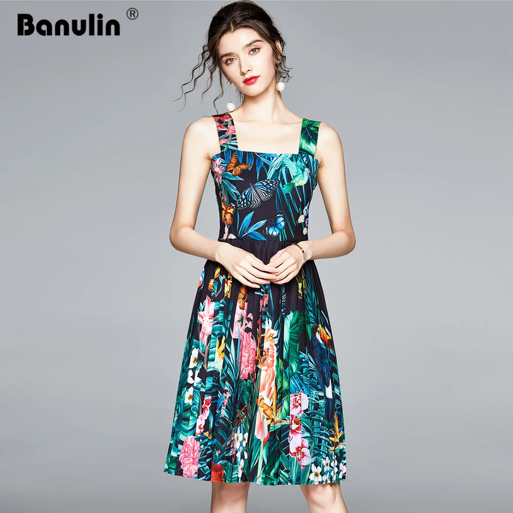 

Banulin Runway Green Jungle Animal Print Mini Dress Women Spaghetti Strap Multicolor Floral Print Boho Holiday Beach Dress robe