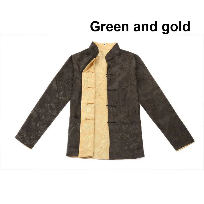 Green and gold Китайские традиционные костюмы, мужская рубашка, одежда для свадебной вечеринки, китайская Новогодняя одежда для кунг-фу, рубашка с длинными рукавами с обеих сторон - Цвет: Green and gold