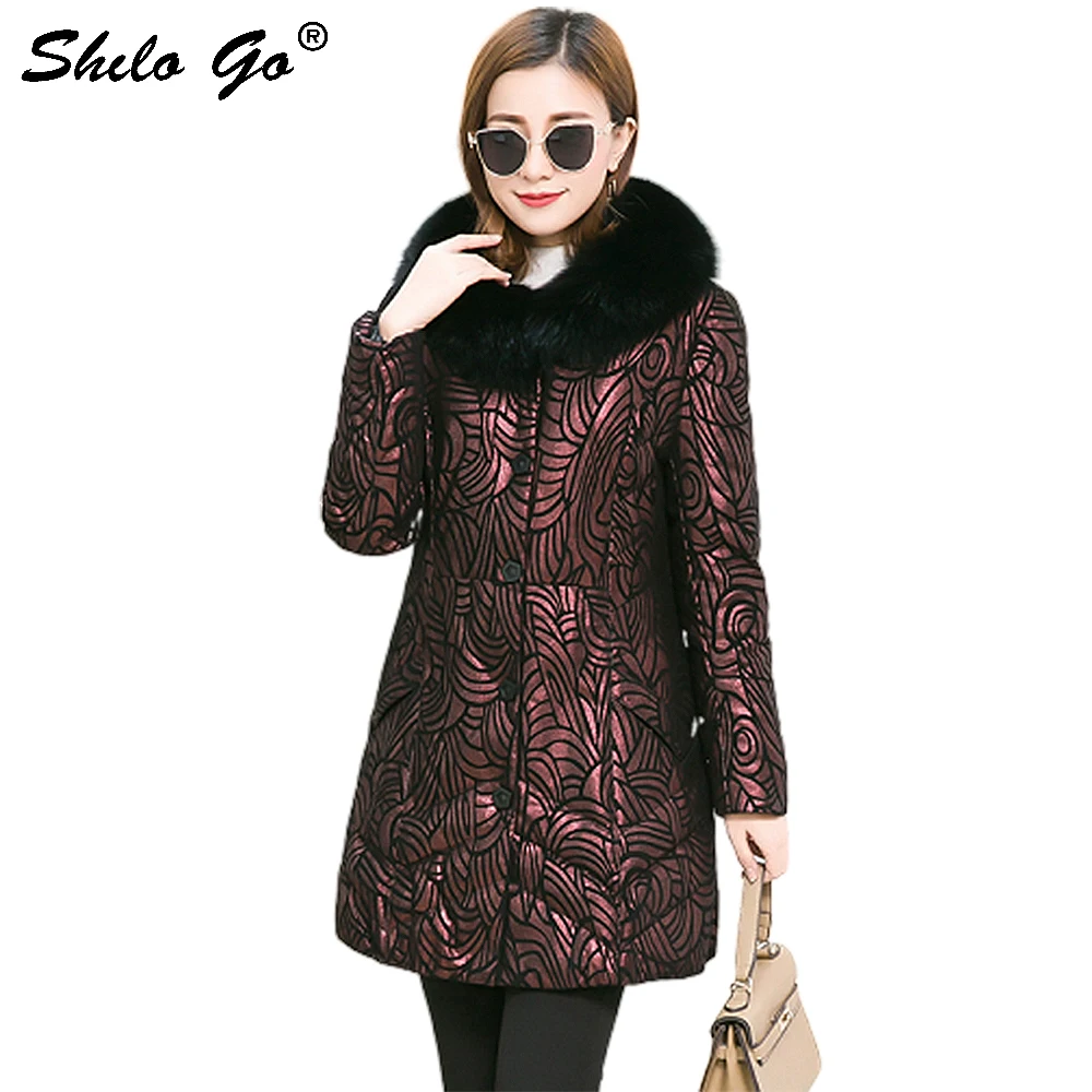 7XL Plus Size Genuine Leather Coat Highstreet Real Fox Fur Collar Hooded Floral Print Sheepskin Long Coats Women Winter Outwear