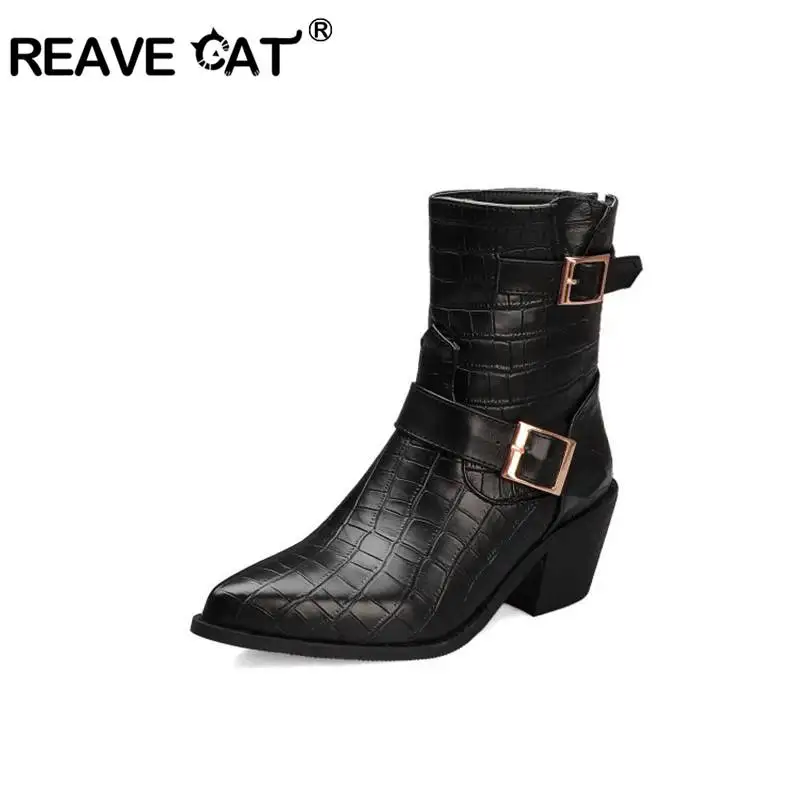 

REAVE CAT Women Ankle Boots Pointed Toe Square Thick Heel Zipper Bukle Cowboy Big size 33-48 Black Brown Fashion Autumn A2644