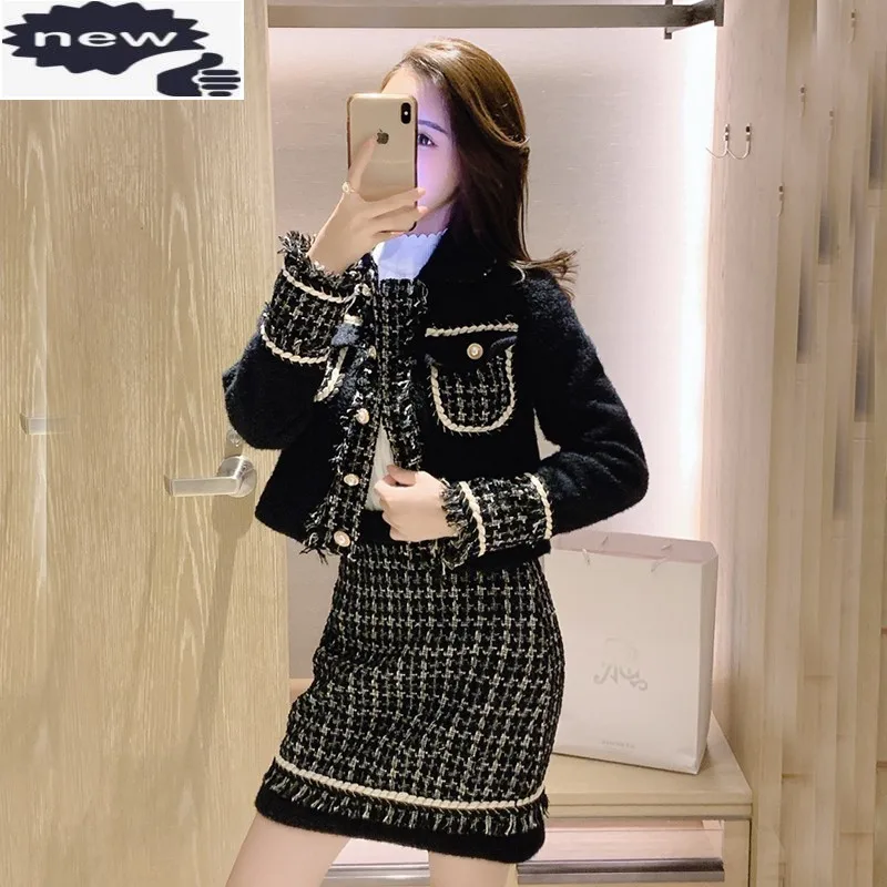 

Winter Skirts Set Vintage Elegant Slim Fit Short Coat Mini Skirt Two Piece Sets Women Streetwear Office Tweed Jacket