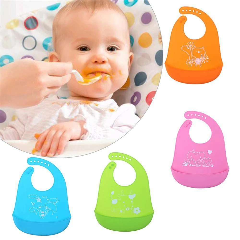 

Baby silicone bib Children bibs adjustable waterproof baby tools edge rounded,widened shoulder strap pocket,double shoulder Bib