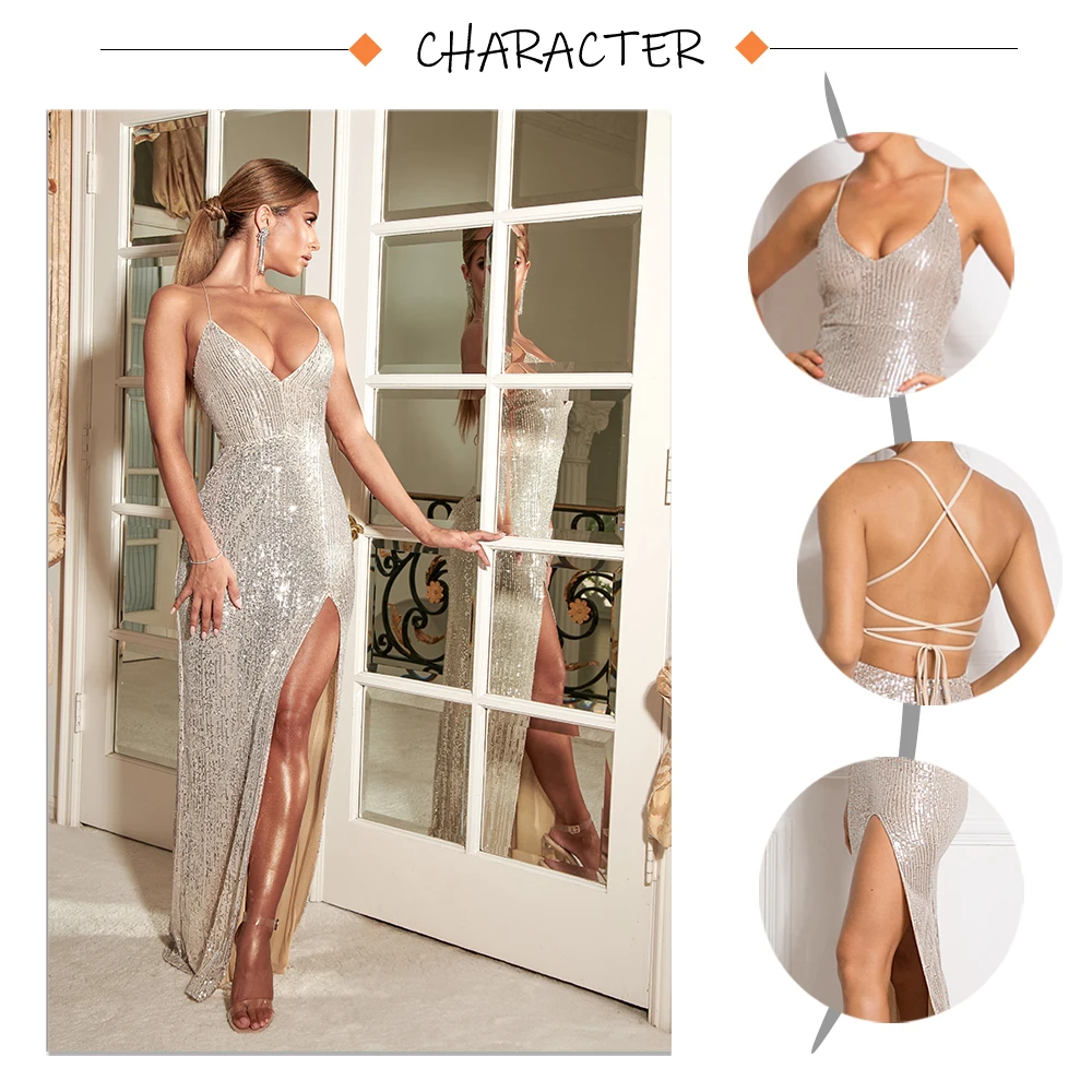 long gown Sexy V Neck Lace Up Sequined Cocktail Party Dress Backless Split Leg Sleeveless Summer Long Dresses Evening Wedding Gown party gown for women