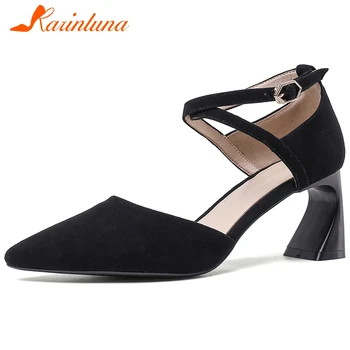 

KARINLUNA Classic Elegant Lady Brand Party Sandals Genuine Leather Solid High Heels Ankle Strap Women Sandals Women Shoes