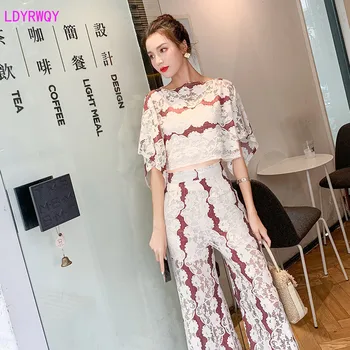

LDYRWQY spring and summer new Korean women's temperament character collar bat sleeve fashion lace wide-leg pants two-piece