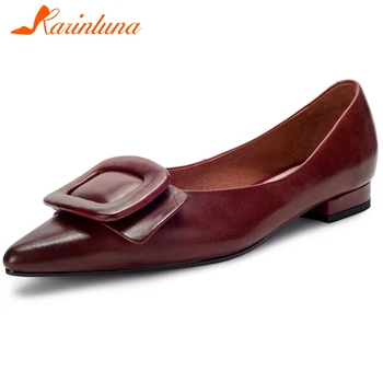 

Karinluna New Fashion Genuine Cow Leather Pointed Toe flats Woman Shoes Slip On Chunky Heels Summer Shoes Women flats Female