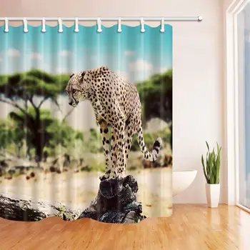 

Safari Wild Animals Shower Curtains for Bathroom Leopard on The Wooden in The Tropical Jungle Polyester Fabric Waterproof Bath