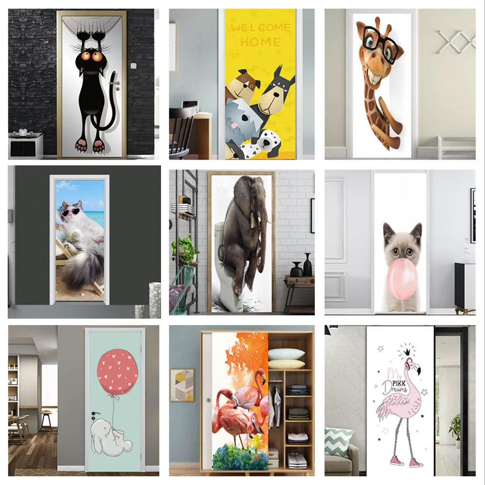 Animals PVC Wallpaper Self-adhesive 3D Door Sticker Cat Rabbit Dog Elephant Mural Removable Home Decor Decal DIY Deur | Дом и сад
