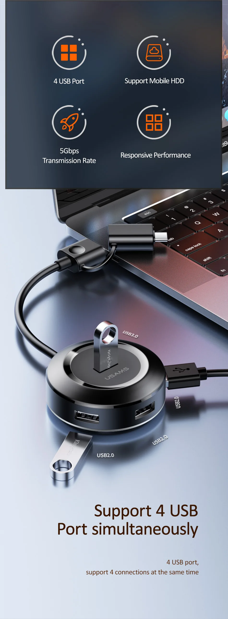 USAMS USB 3,0 концентратор для iPad Pro 5 Гбит/с быстрая передача usb type C в концентратор адаптер для MacBook Pro Поддержка 10 ТБ жесткий диск адаптер