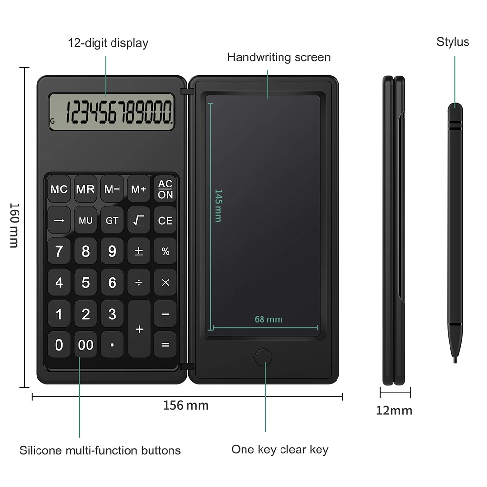 Calculatrice, Tablette D'écriture Lcd Noire à 12 Chiffres Avec Tableau D Ecriture Portable Pliable Calculatrices A Grand Ecran Fournitures Scolaires Pour Lyceens