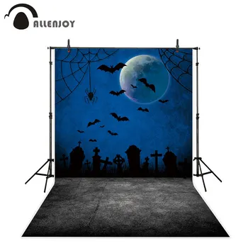 

Allenjoy Halloween party photo background Horror Night big moon bat Spider web tombstone children photography backdrop photocall