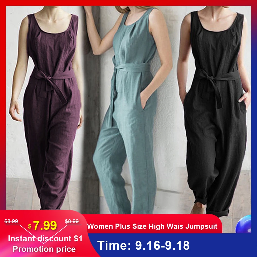

Women Plus Size Jumpsuit Summer Sleeveless Rompers Elegant Self Belted High Waist Playsuit Overalls Solid Casual Female Jumpsuit
