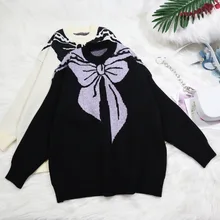 

EBAIHUI Sweater Women Bow Print O Neck Pullover Knitted Korean Fashion Jumper Loose Preppy Outwear Chic Knitwear Long Sleeve Top