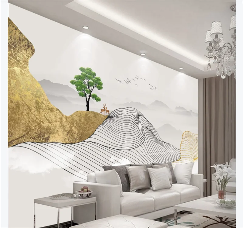 Custom wallpaper mural new Chinese abstract light luxury mood golden landscape background wall- waterproof material