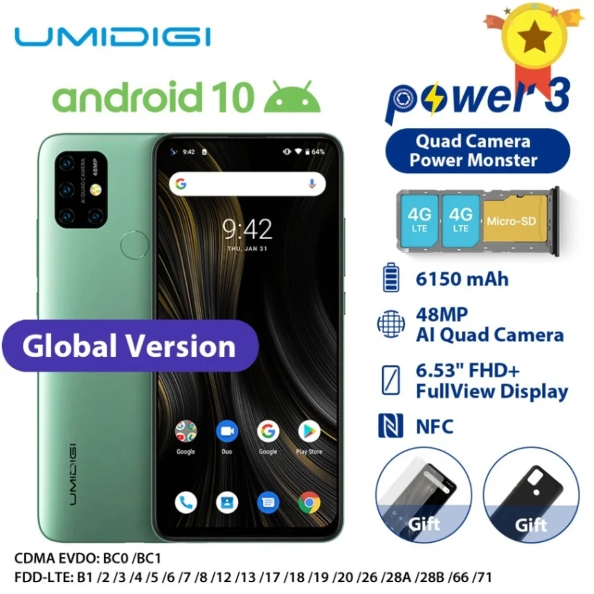 Midnight Green Предварительная UMIDIGI power 3 Android 10 48MP Quad AI камера 6150mAh 6,5" FHD+ 4 Гб 64 Гб Helio P60 глобальная версия смартфона NFC - Цвет: Midnight Green