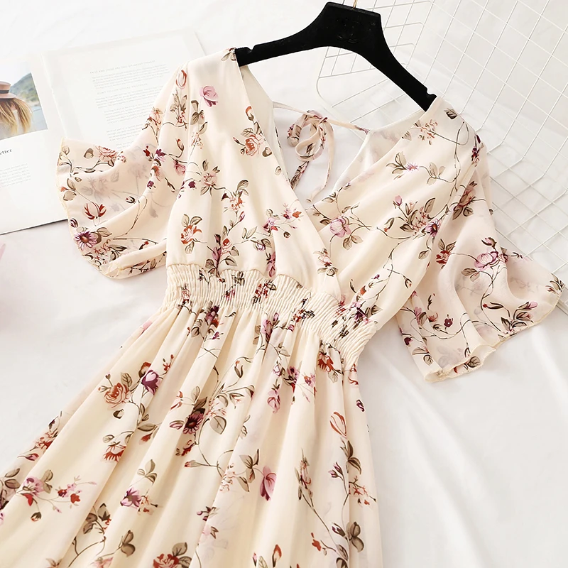 2022 Summer Women Ruffled Short-sleeved Chiffon Dress V-neck High Waist Floral Print Beach Midi Dresses Backless Sexy Vestidos