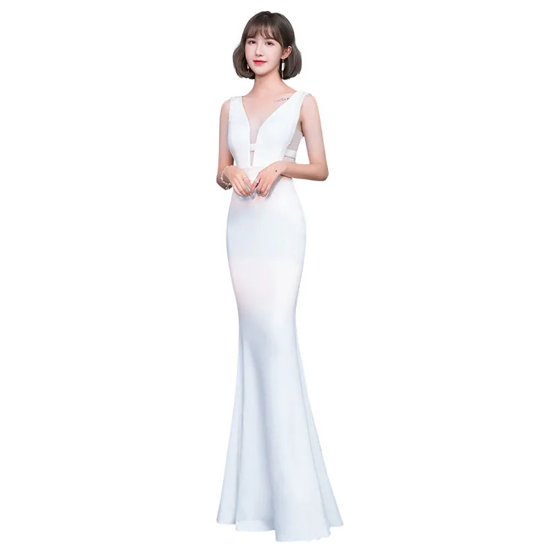 

Evening Dress Sexy V-neck Sleeveless Robe De Soiree 2019 Zipper Women Party Dresses Solid Elegant Formal Evening Gowns F084