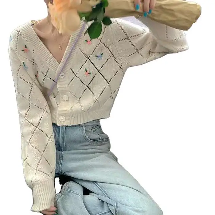 

Short Style 2020 Spring College Style Flower Print Knitted Coat Loose Retro V-neck Cute Light Green Sweater Cardigan Blouse