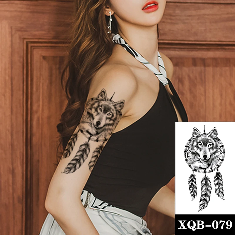 

Waterproof Temporary Tattoo Sticker Black Wolf Dream Catcher Feathers Fake Tattoos Flash Tatoos Arm Legs Body Art for Women Men