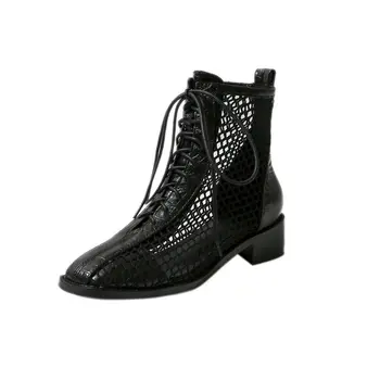 

Sexy Genuine Leather Women Shoes low Heels cut-outs Summer ankle boots woman Round Toe New 2020 Retro Party Shoes Woman