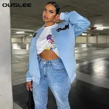 

OUSLEE Women Jacket and Coat Casual Loose Oversize Autumn Women Baby Letter Print Long Sleeve Baseball Jacket Bomber Femme
