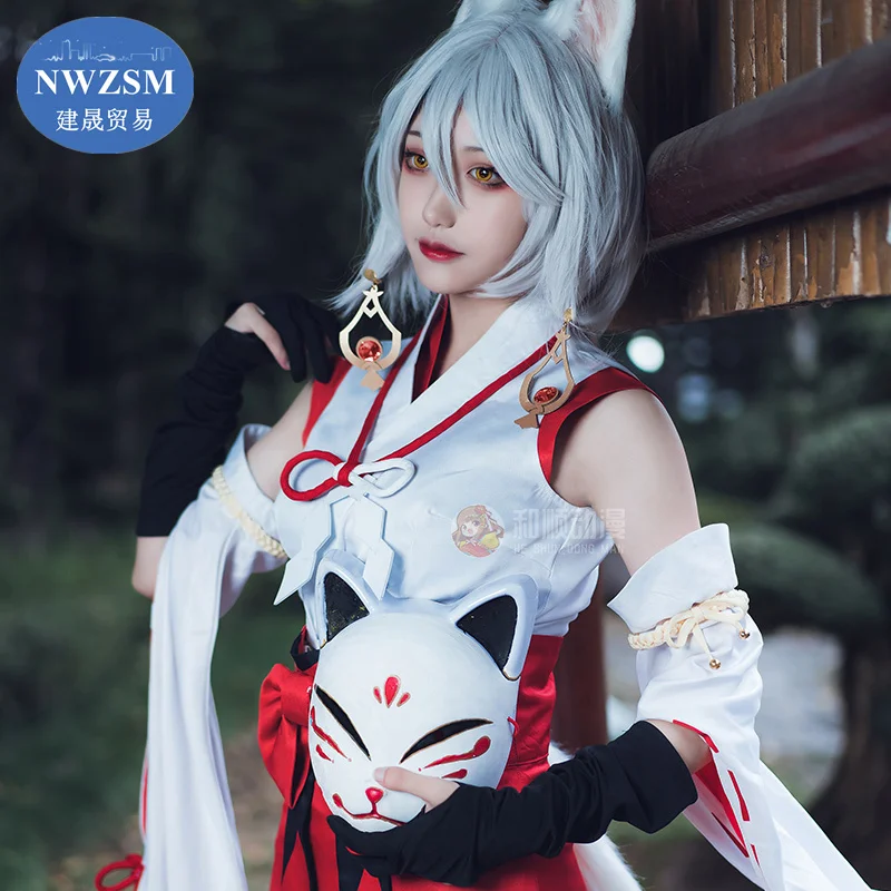 

Косплей-костюм lnazuma Kitsune Saiguu, кимоно, Женское Платье Аниме Genshin Impact, Хэллоуин, искусственный парик для косплея, лисьи уши, хвосты