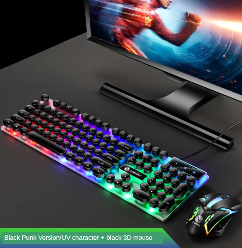 GTX300 Typewriter Keyboard and Mouse Set Punk Retro Keyboard Backlit Game USB Wired Keyboard and Mouse Set for PC Desktops