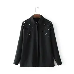 Женские Элегантные капли жемчуга черные рубашки с отложным воротником Блузка 2018 Модная Повседневная рубашка с длинным рукавом