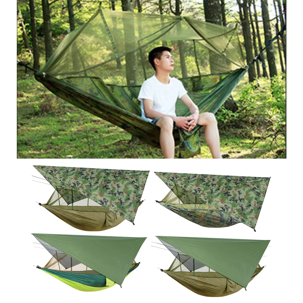 2 Person Premium Nylon Outdoor Camping Hammock Swing with Sun UV-protect Tarp &  Mosquito Net for Family Travelling Picnic