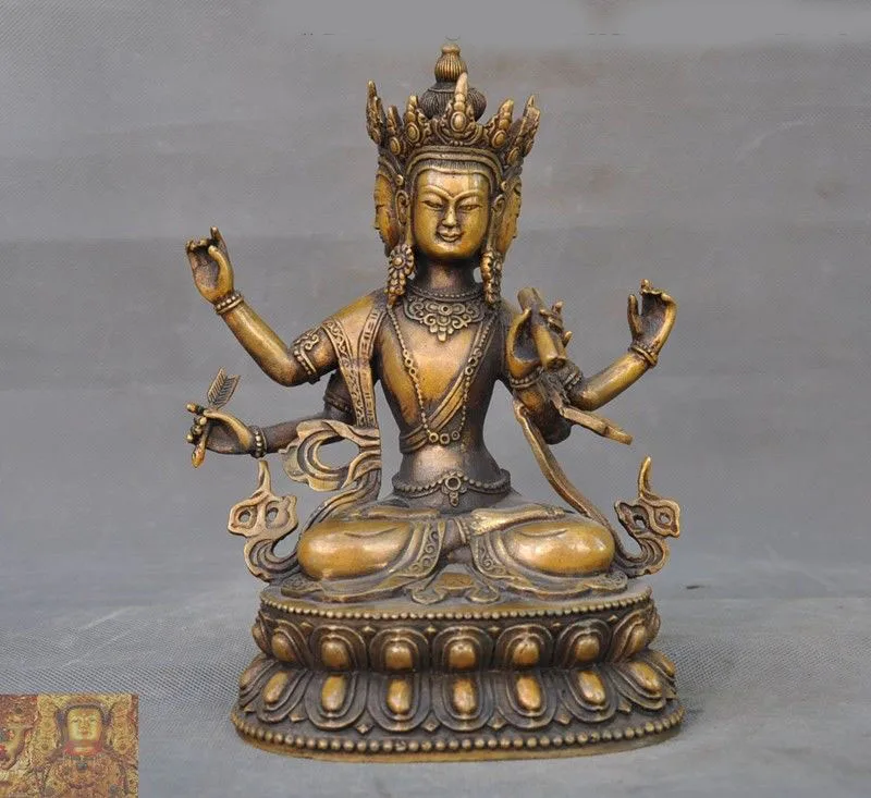 

wedding decoration 8"Tibetan Buddhism bronze 3 Head 4 Arms Namgyalma & Ushnishavijaya Buddha Statue