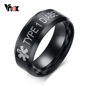 

Vnox 8mm Engraved Type 1 Diabetes Men Ring Black Stainless Steel Medical Alert ID Emergency Male Jewelry