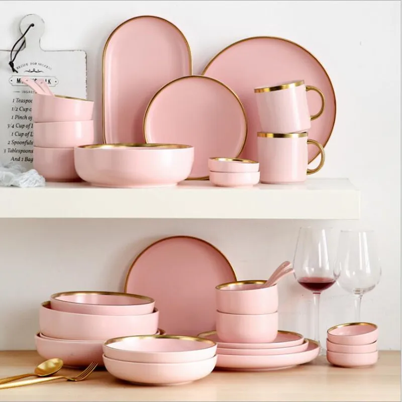Gilt Rim Pink Porcelain Dinner Plate Set Kitchen Plate Ceramic