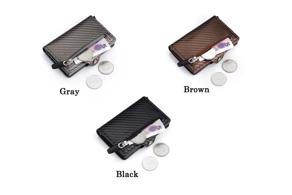 Bycobecy RFID Top Quality Carbon Fiber Credit Card Holder Business Men Button Wallet New Male Coin Purse ID Holder with Zipper