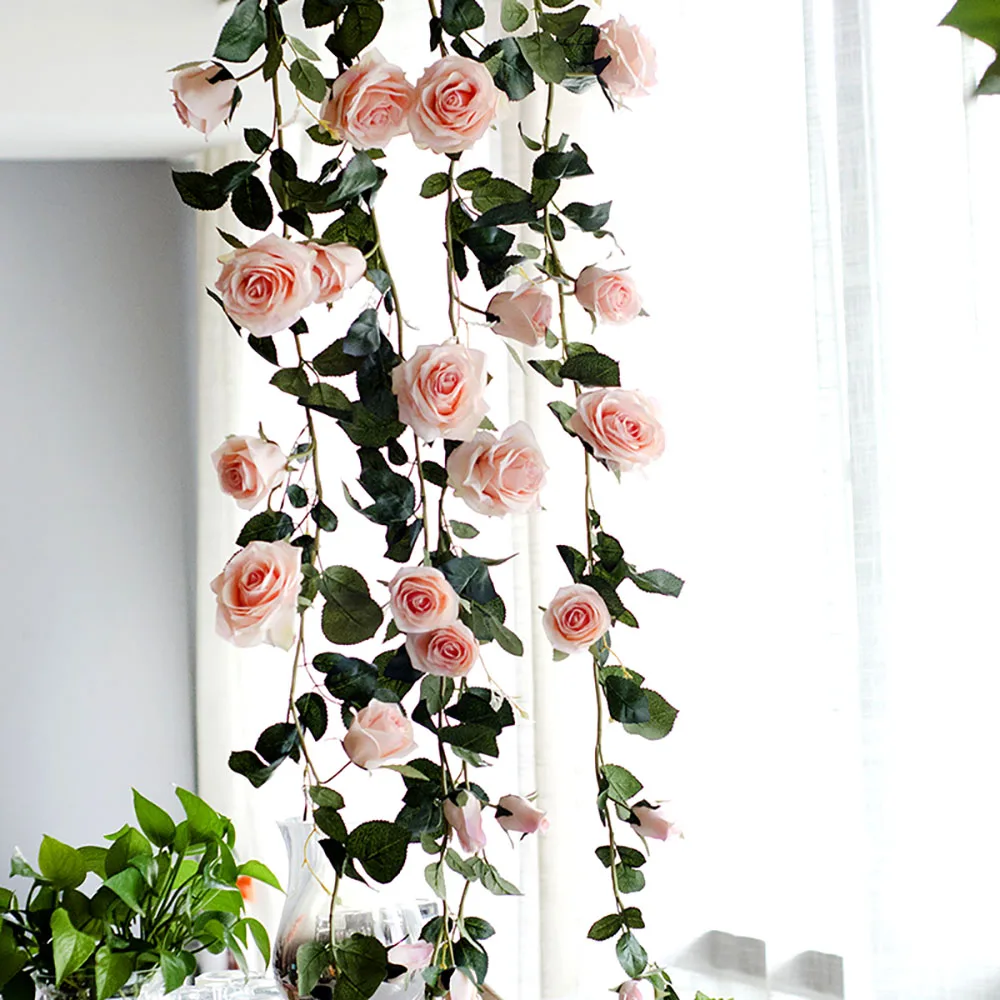 180cm Artificial Rose Flower Ivy Vine Wedding Decor Real Touch Silk Flowers String With Leaves for Home Hanging Garland Decor