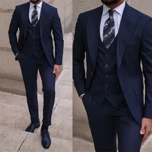 

3 Pliecs Men Suits Set Navy Blue Stripes Formal Business Custom Made Blazer Vest Pant Wedding Tuexdos High Quality Male Clothing