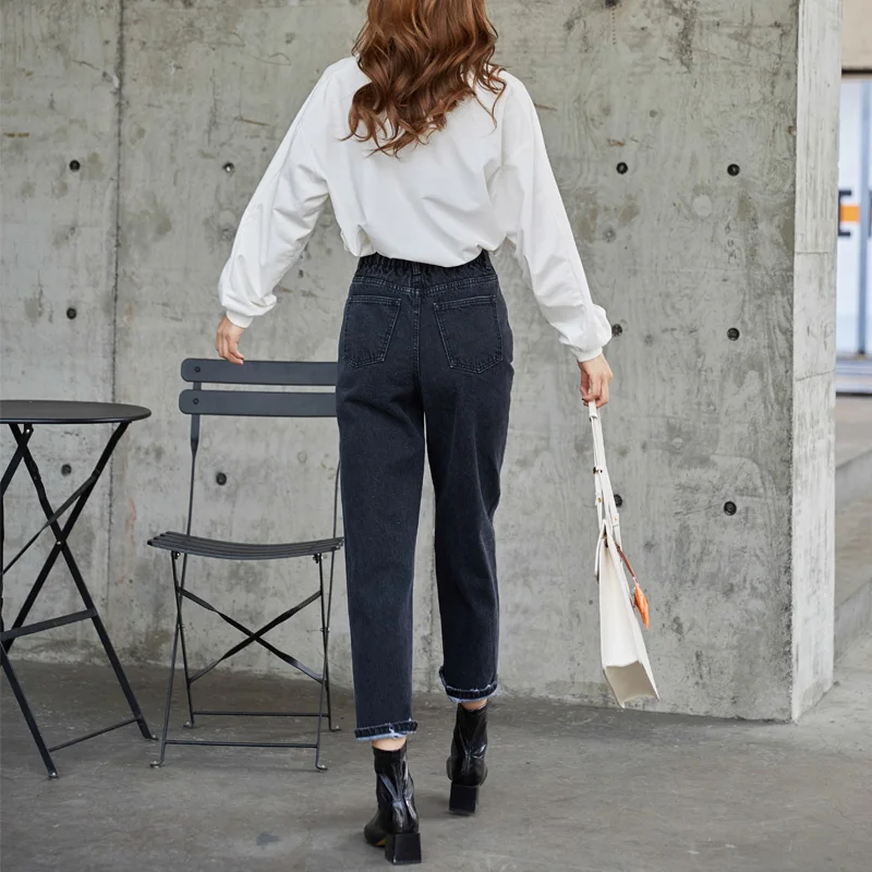 Autumn women's jeans casual solid color hole decoration loose jeans