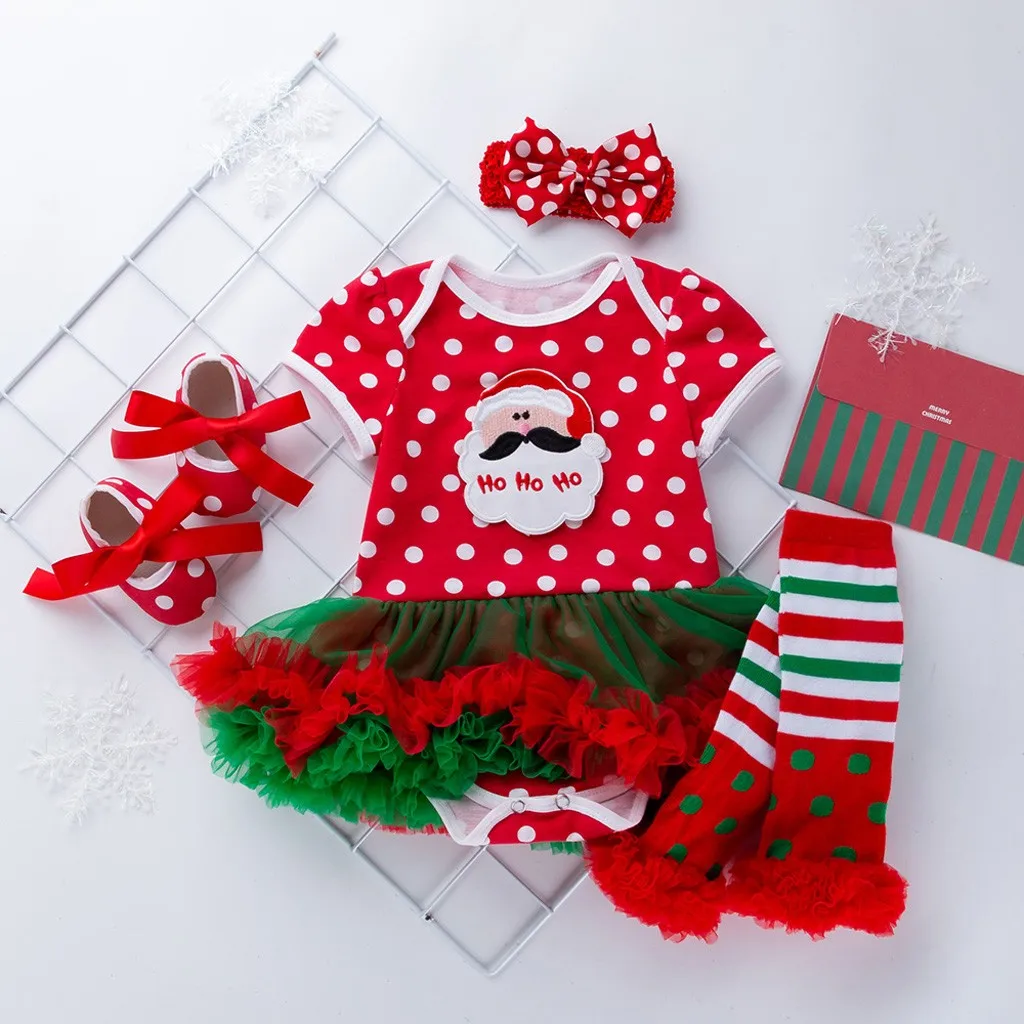 Рождественский комплект одежды для малышей, 4 предмета, Рождественский Рисунок для маленьких девочек, комбинезон с Санта-Клаусом, осенние туфли, комплект одежды, костюм M850