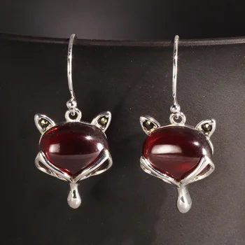 

Silver 925 Earrings for Women Cute Fox Drop Earrings Natural Garnet Stone Inlaid Wholesale Lots Bulk Jewelry