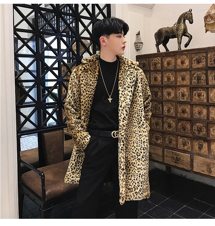 Леопардовый принт длинное пальто с мехом Мужская модная дизайнерская куртка из искусственного меха Мужская Зимняя Куртка Jaqueta Motoqueiro Клубная мужская одежда